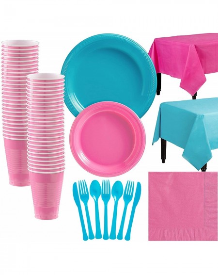 Party Packs Caribbean Blue and Bright Pink Plastic Tableware Kit for 50 Guests- 487 Pieces- Includes Tableware and Cups - Car...