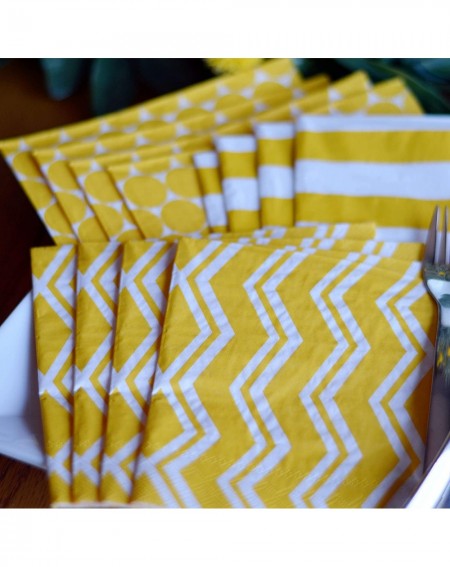 Tableware Yellow and White Party Napkins- 3 Packs of 20- 3 Ply Paper- 6.75 Inches- 3 Vibrant Patterns 1-Stripes- 2 - Zig-Zags...