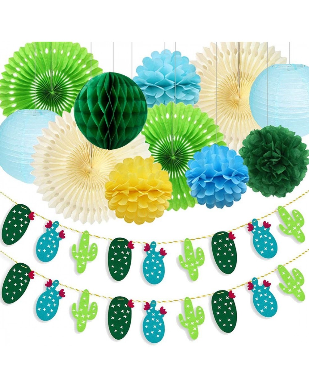 Tissue Pom Poms Summer Theme Cactus Banner Garland Tissue Paper Fan Flowers Paper Lanterns for Tropical Party Birthday Party ...