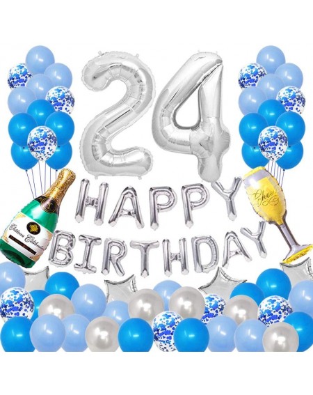 Balloons Happy 24TH Birthday Party Decorations Pack-Blue Silver Theme- Happy Birthday Banner Foil Number 24 12inch Silver Con...