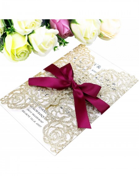 Invitations 25PCS/Lot 250GSM 5.12 x 7.1" Laser Cut Hollow Rose with Burgundy Ribbons Glitter Wedding Invitations Cards for We...