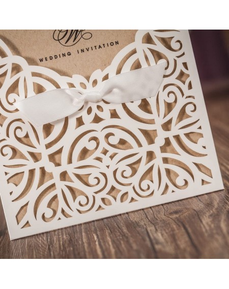 Invitations 20x Elegant Ivory Laser Cut Wedding Invitations Cards with Bow Lace Sleeve Cards for Engagement Birthday Quincean...