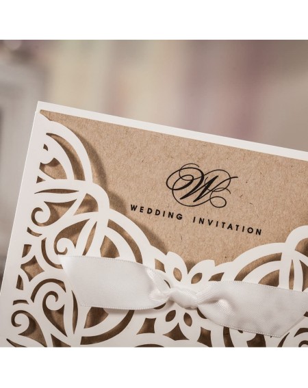 Invitations 20x Elegant Ivory Laser Cut Wedding Invitations Cards with Bow Lace Sleeve Cards for Engagement Birthday Quincean...