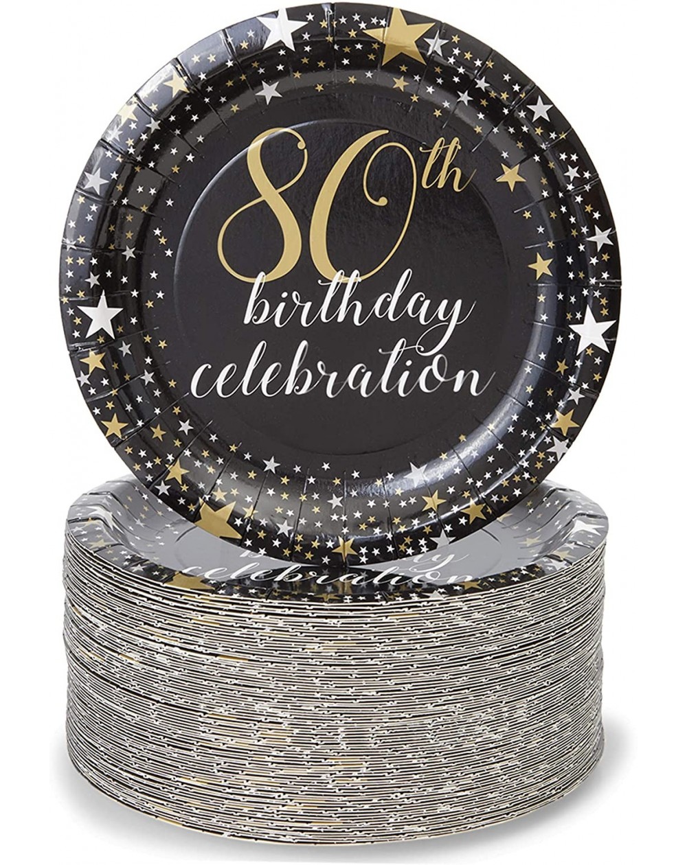 Tableware Paper Plates for 80th Birthday Party- Gold Foil (Black- 7 Inches- 80 Pack) - CS194XG35CZ $14.98