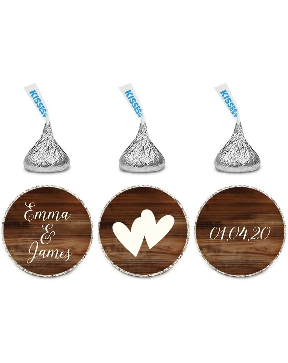 Favors Personalized Wedding Chocolate Drop Label Stickers- Interlocking Double Hearts- Rustic Wood Print- 216-Pack- for Engag...