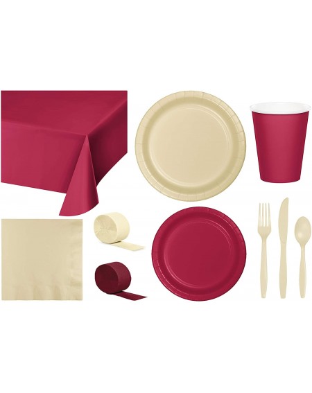 Party Packs Party Bundle Bulk- Tableware for 24 People Burgundy and Ivory- 2 Size Plates Napkins- Paper Cups Tablecovers and ...