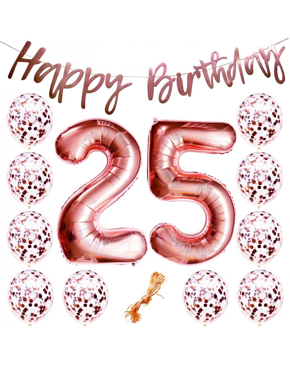 Balloons 25th Birthday Party Decorations Rose Gold Decor Strung Banner (Happy Birthday) & 12PC Helium Balloons w/Ribbon [Huge...