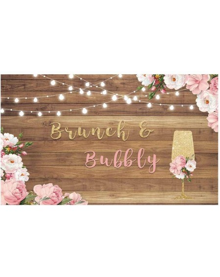 Photobooth Props Brunch and Bubbly Backdrop for Bridal Shower Party Rustic Wood Floor Pink Floral Photography Background Gold...
