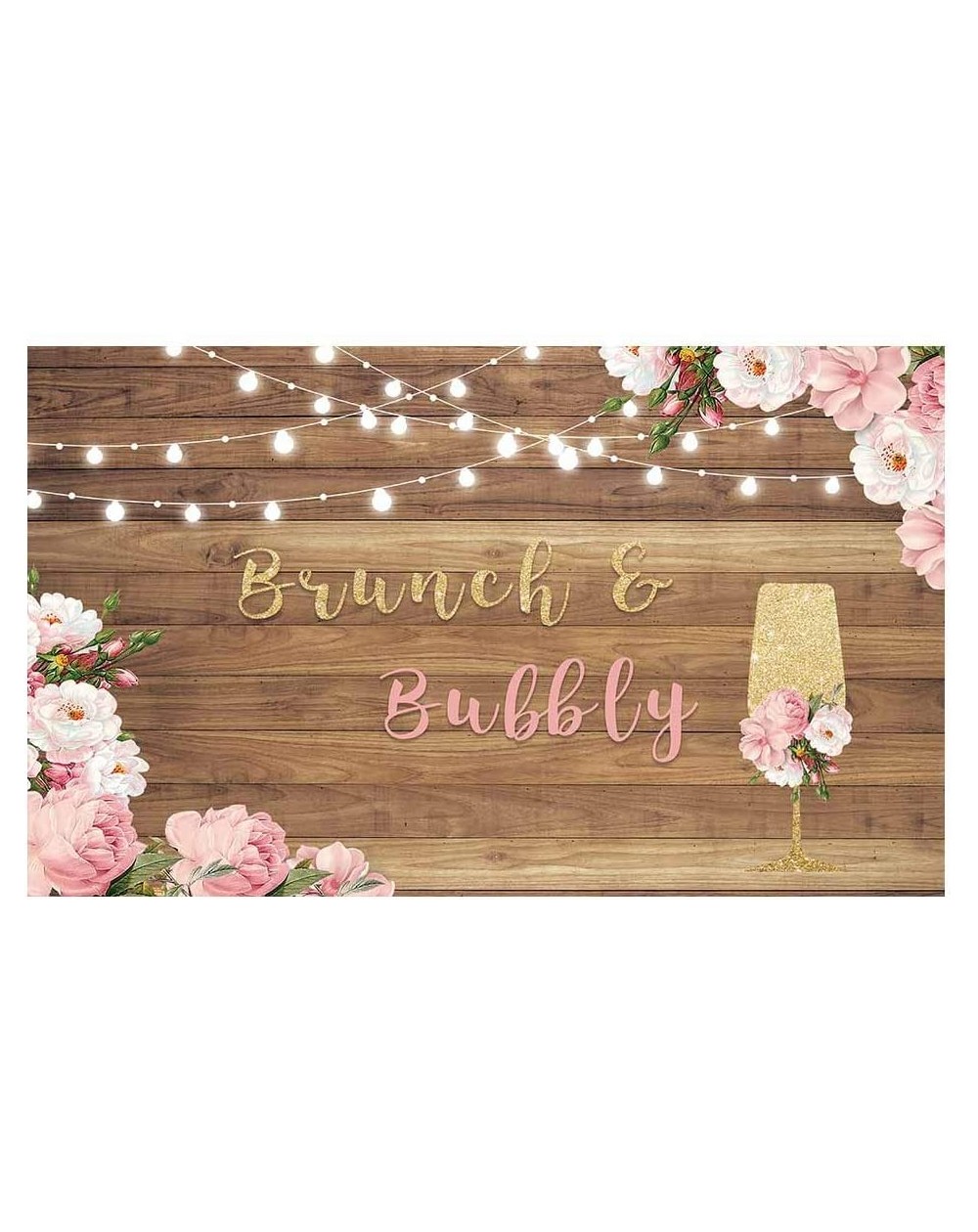 Photobooth Props Brunch and Bubbly Backdrop for Bridal Shower Party Rustic Wood Floor Pink Floral Photography Background Gold...