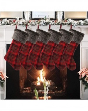 Stockings & Holders Christmas Stockings- 6 Pieces 18 inches Plaid Fluffy Faux Fur Cuff Stockings- Red Black Buffalo Checked C...