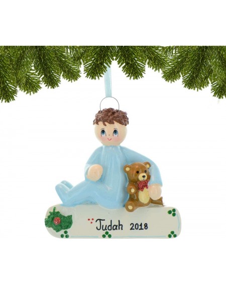 Ornaments Personalized Toddler Boy Teddy Bear Christmas Tree Ornament 2020 - Brown Hair Baby Child Pajamas First Steps Milest...