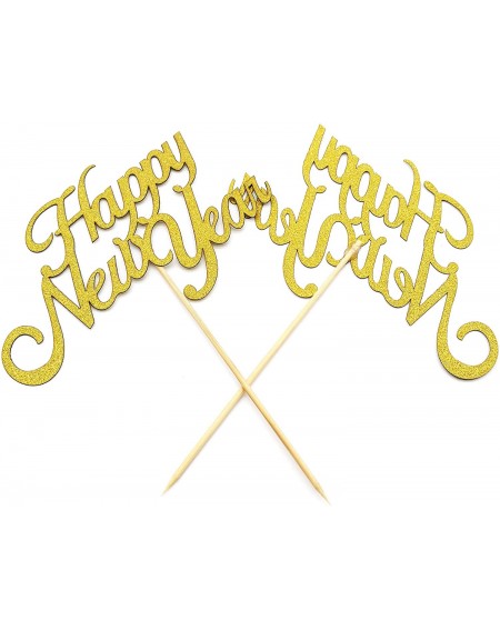 Cake & Cupcake Toppers Gold Glitter Happy New Year Cake Toppers Party Toppers for New Year Eve Set of 2 - C518YRA8THW $9.44