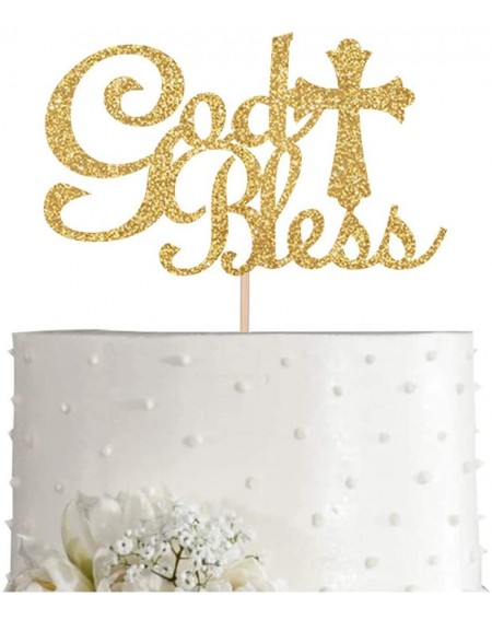 Cake & Cupcake Toppers Gold Glitter God Bless Cake Topper- Gold First Communion- Baptism- Christening Dedication Decoration S...