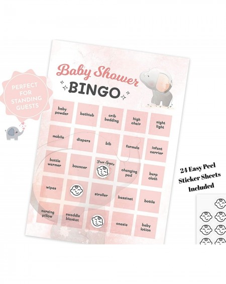 Party Games & Activities Baby Shower Bingo - 24 Guests Elephant Bingo Baby Shower Game Cards With Cute Stickers (Pink and Gra...
