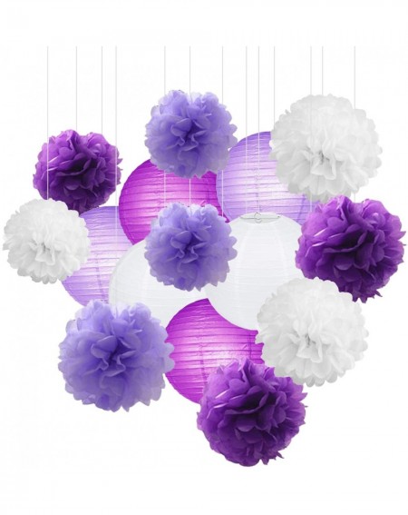 Tissue Pom Poms 15Pcs White Purple Party Decoration Paper Lanterns Paper Pompoms Balls Hanging Decoration Backdrop for Baby S...