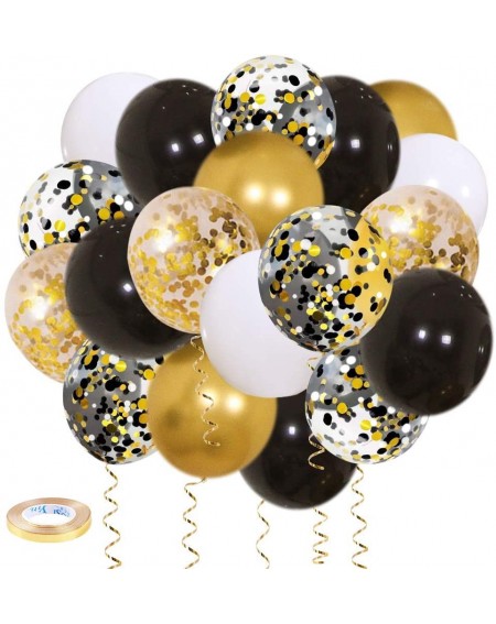 Balloons Black Gold Confetti Balloons 50 Pack - 12 Inch Gold White and Black Confetti Balloons with Ribbons for Graduation Bi...