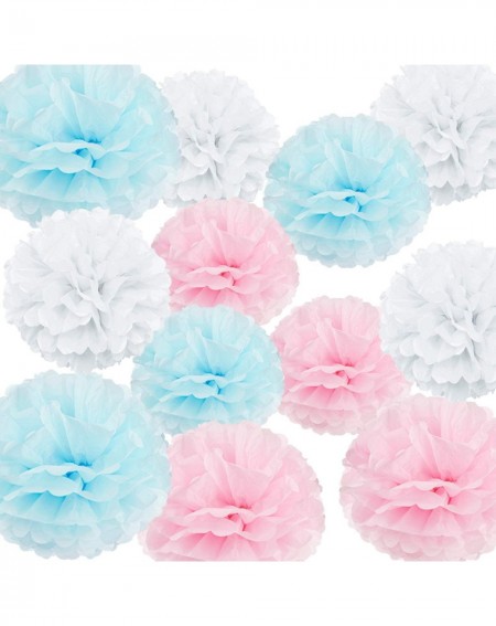 Tissue Pom Poms HappyField 12PCS 10" 12" Baby Pink Blue White Tissue Paper Pom Poms Flower Gender Reveal Party Supplies Gende...