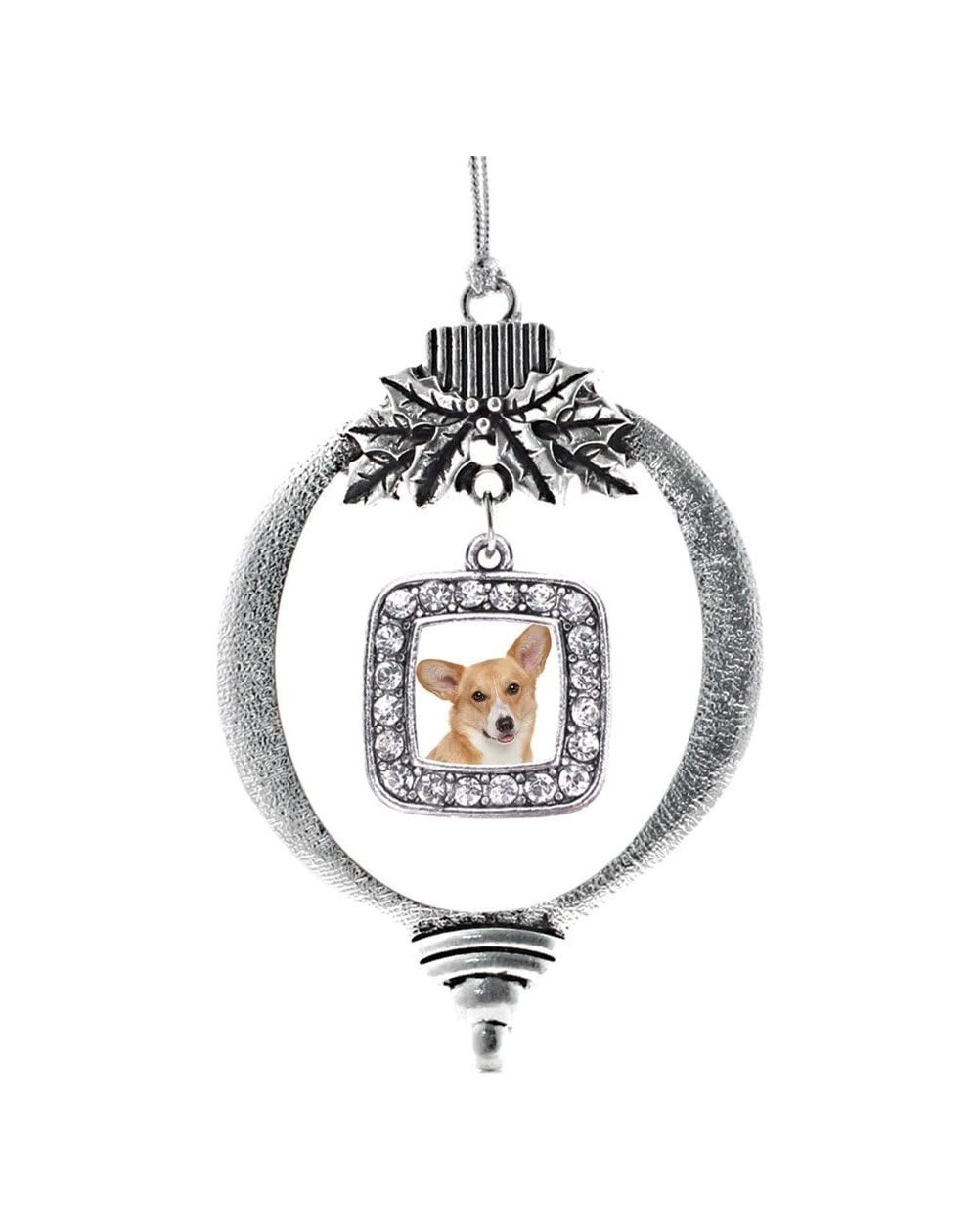 Ornaments Corgi Face Charm Ornament - Silver Square Charm Holiday Ornaments with Cubic Zirconia Jewelry - CQ12J4TR39F $24.74