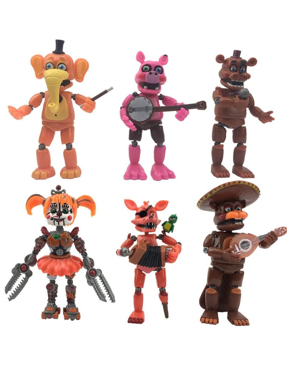 Cake & Cupcake Toppers FNAF Pizzeria Simulator (Set of 6 pcs)- Tall 5-6 inches- Animatronics [Rockstar Foxy- Pigpatch- Orvill...