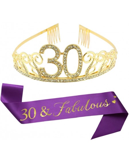 Party Packs 30th Brithday Gold Tiara and Sash- 30 & Fabulous Glitter Satin Sash and Crystal Rhinestone Birthday Crown for Hap...