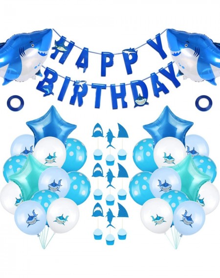 Balloons 58 Pieces Shark Party Supplies Decorations- Include Shark Balloons- Star Balloons- Happy Birthday Banner and Shark C...