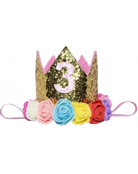 Party Hats Glitter 1/2 1st 2 3 Birthday Princess Flower Floral Crown Tiara Cake Smash Photo Prop - Pink Gold Flower 3 - C1187...