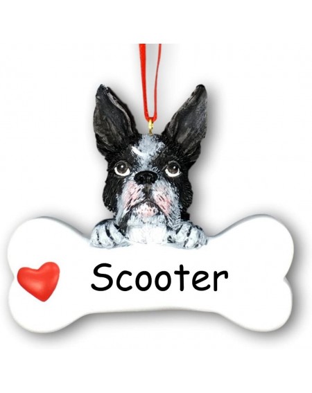 Ornaments Personalized Black and White Boston Terrier Dog Breed and Dog Bone with Red Heart Detail Hanging Christmas Ornament...