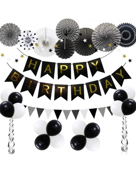 Banners Black Birthday Party Decoration- Happy Birthday Banner with Balloons- Triangular Pennants- Hanging Swirls- Paper Fans...