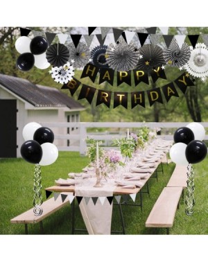 Banners Black Birthday Party Decoration- Happy Birthday Banner with Balloons- Triangular Pennants- Hanging Swirls- Paper Fans...