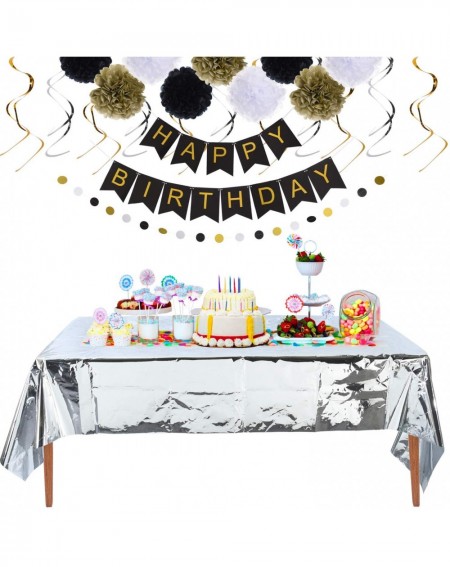 Tablecovers Birthday Party Decorations Set-Sliver Foil Metallic Tinsel Shiny Tablecloth- Happy Birthday Banner Supplies-Paper...
