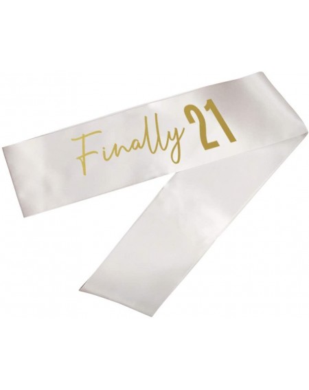 Favors Funny Birthday Party Sash Finally 21- Gold Foil Text- Satin White Ribbon- Includes Diamond Pin - Finally 21 - CQ19GD35...
