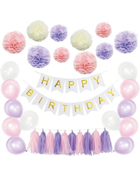 Tissue Pom Poms 51 Pcs Birthday Party Supplies Kit - Blue and Cream Happy Birthday Banner with Fluffy Tissue Paper Pom Poms- ...