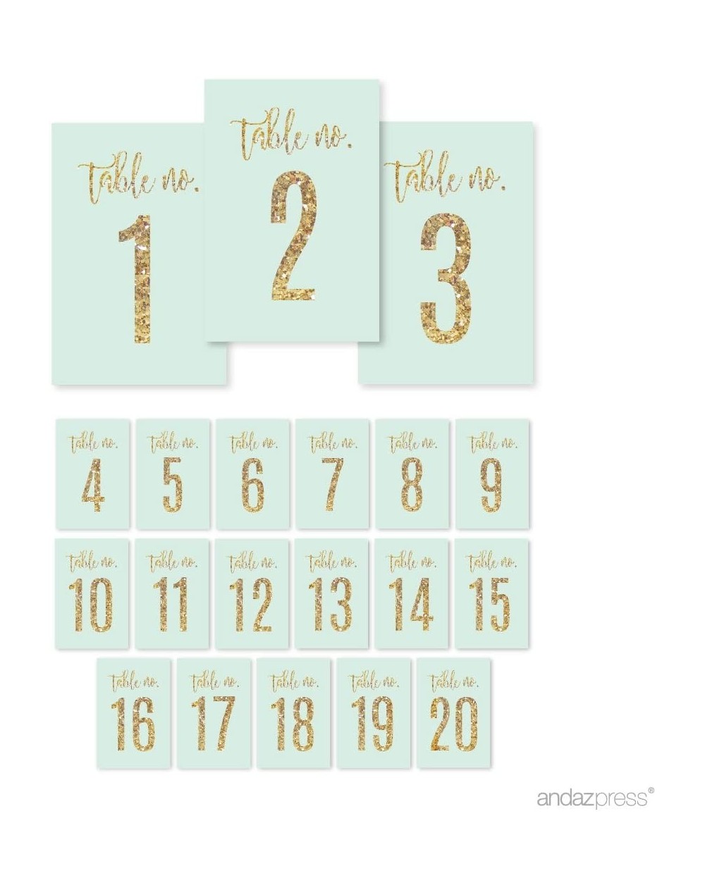 Favors Mint Green Gold Glitter Print Wedding Collection- Table Numbers 1-20 on Perforated Paper- Single-Sided- 4 x 6-inch- 1 ...