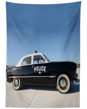 Tablecovers American Outdoor Tablecloth- Side View of a Parked Old American Police Car and The Sky Digital Print- Decorative ...