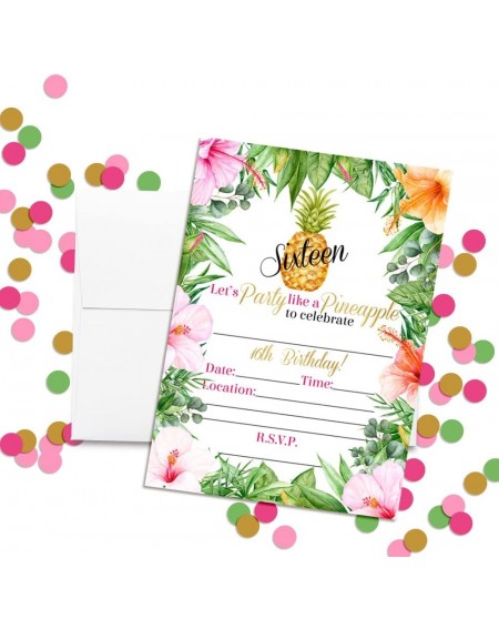 Invitations 16th Birthday Tropical Flowers Pineapple Aloha Luau Party Invitations- 20 5"x7" Fill In Cards with Twenty White E...