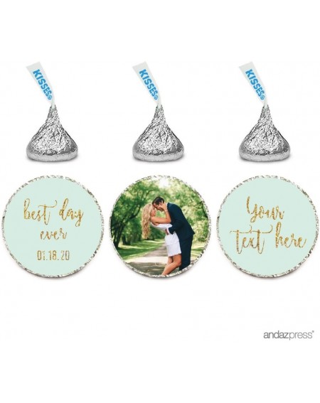 Favors Mint Green Gold Glitter Print Wedding Collection- Fully Personalized Chocolate Drop Label Stickers Single- 216-Pack- C...
