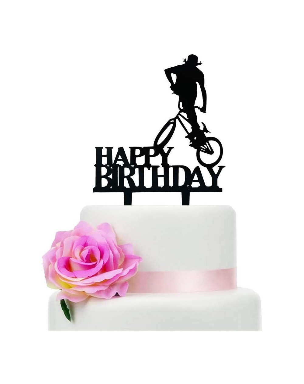 Cake & Cupcake Toppers Black Cycling Happy Birthday Cake Topper- Acrylic Happy Birthday Party Cake Decoration- Bicycle/Sports...