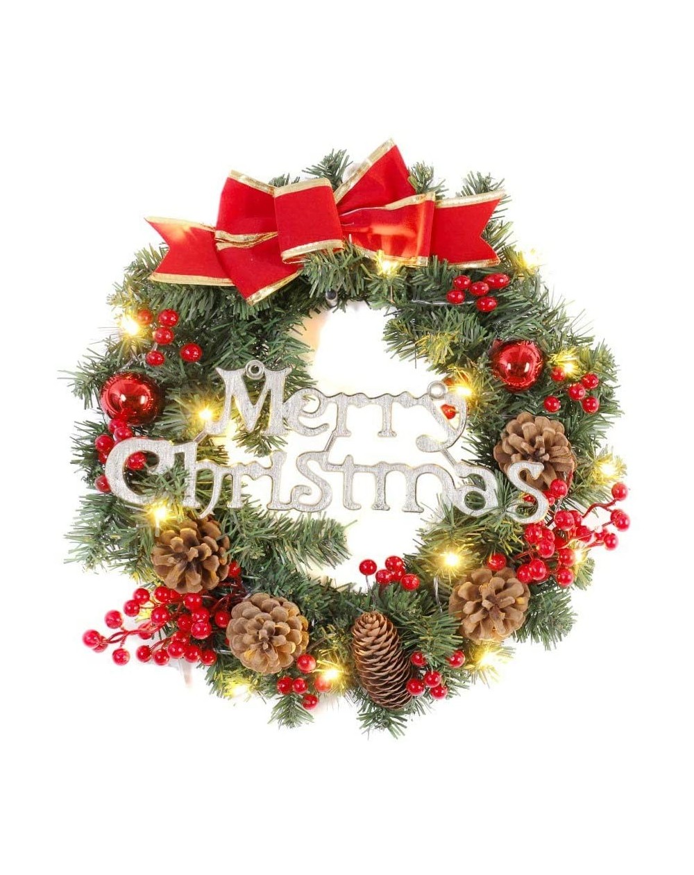 Wreaths Christmas Wreath with LED Light for Front Door Hanging Artificial Garland Bowknot Garland Xmas Decor Holiday Home Dec...