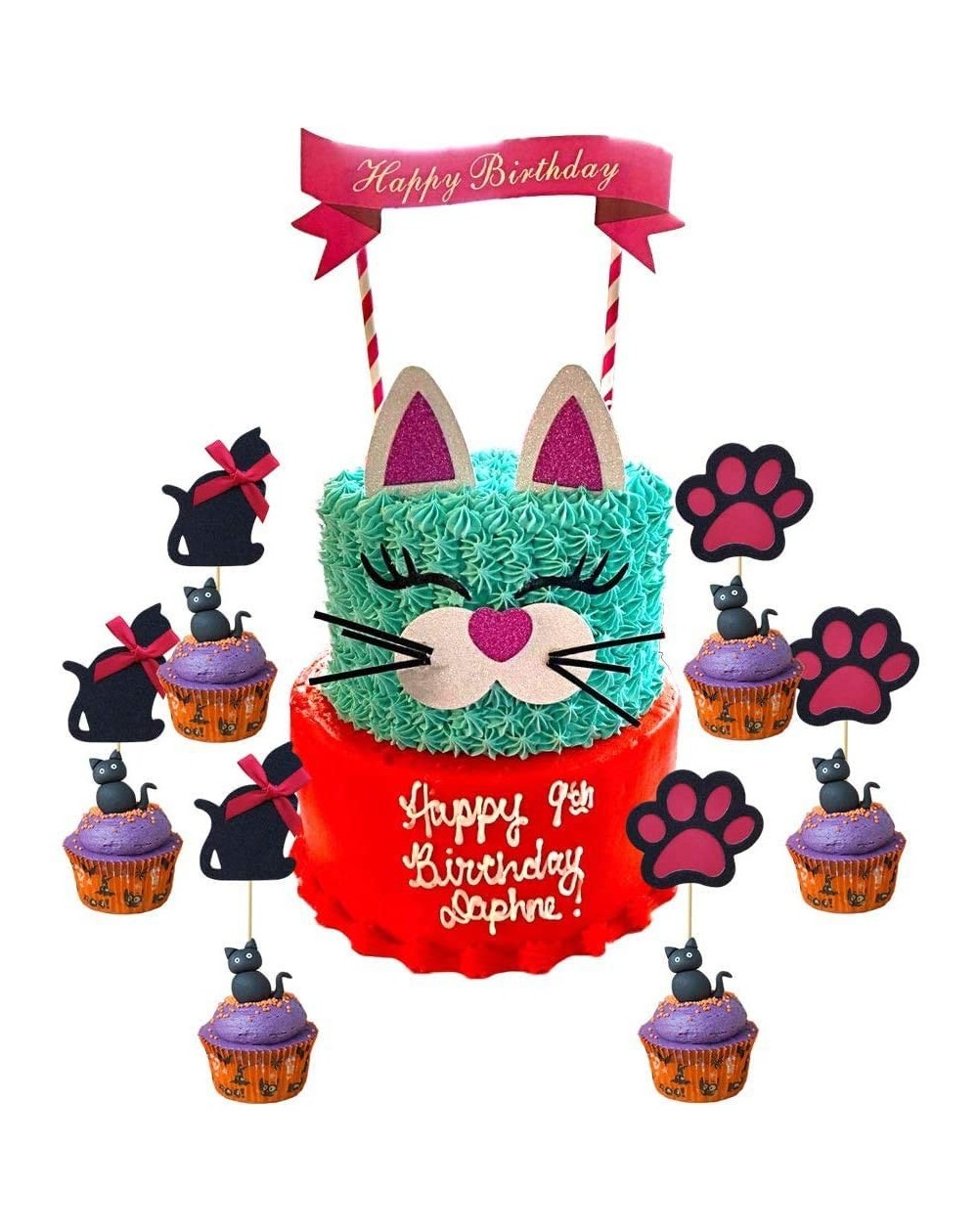 Cake & Cupcake Toppers 1 Set Glitter Cat Cake Topper Decoration And 6Pcs Kitty Cupcake Toppers and Baby Shower Cake Decoratio...
