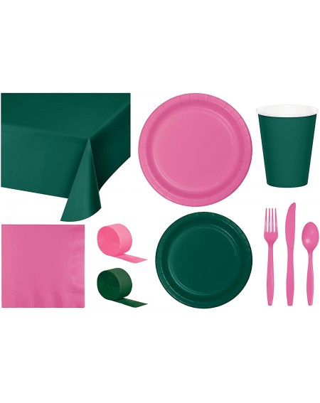 Party Packs Party Bundle Bulk- Tableware for 24 People Hunter Green and Candy Pink- 2 Size Plates Napkins- Paper Cups Tableco...