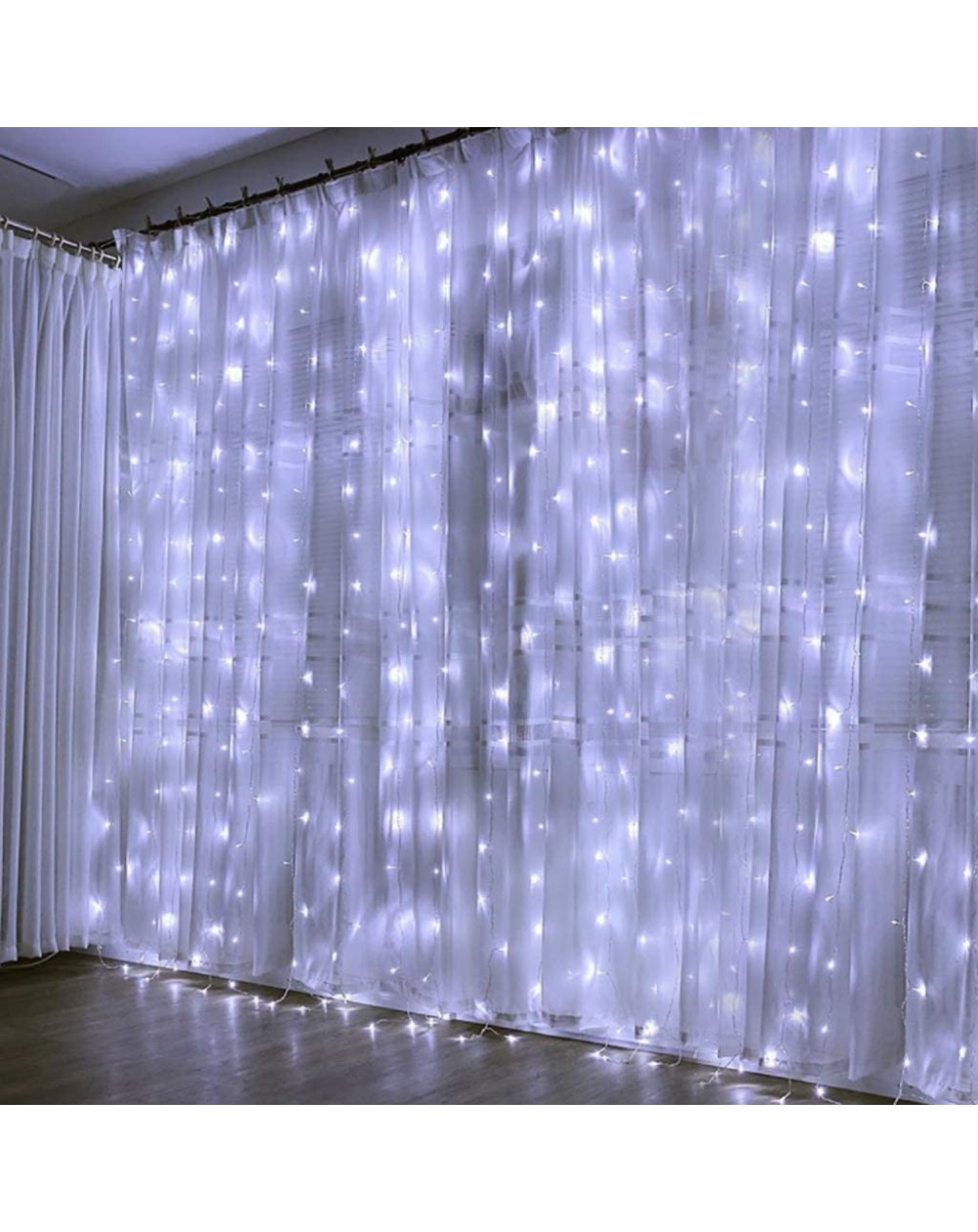 Outdoor String Lights White Curtain Lights- 6.6x10ft 300 LED String Lights USB Powered- 8 Modes Remote- Waterproof- Pasteable...