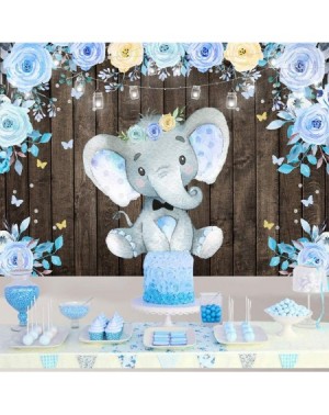 Photobooth Props BackdropsOnline Boy Elephant Baby Shower Backdrop Newborn Baby Boy Birthday Party Blue Flower Rustic Wood Ph...