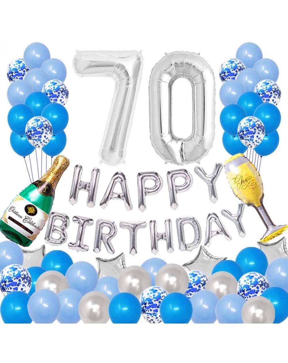 Balloons Happy 70TH Birthday Party Decorations Pack-Blue Silver Theme- Happy Birthday Banner Foil Number 70 12Inch Silver Con...