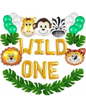 Balloons 36pcs Wild One Birthday Decorations Set Jungle Themed Animal Head Shape Balloons- Artificial Palm Leaves- Foil ballo...
