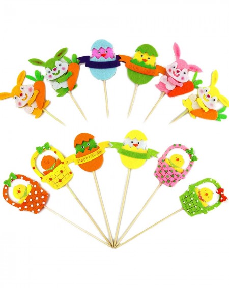 Favors 12pc Easter Decorations Spring Plant Picks Sticks Assorted Non-Woven Bunny Eggs Chicken Wooden Garden Stakes Party Fav...