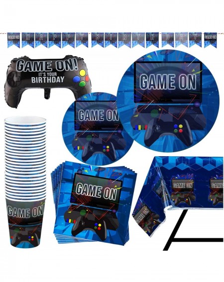 Party Tableware 83 Piece Video Gaming Party Supplies Set Including Banner- Plates- Cups- Napkins- Tablecloth- X-Large Joy Sti...