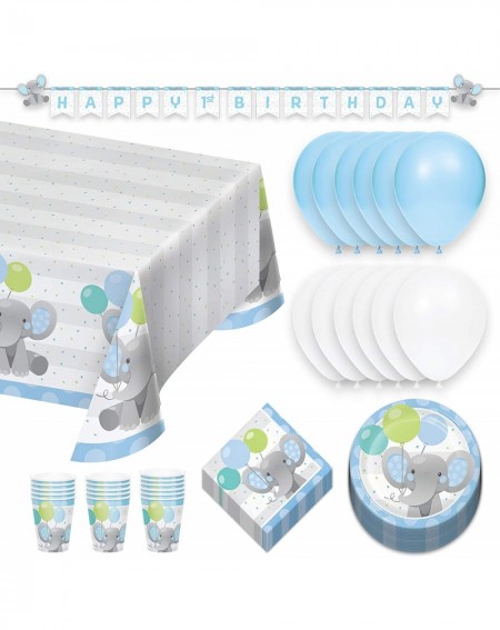 Party Packs Blue Elephant Dessert Party Pack - Dessert Plates- Bevrage Napkins- Cups- Table Cover- Banner Garland- and Balloo...