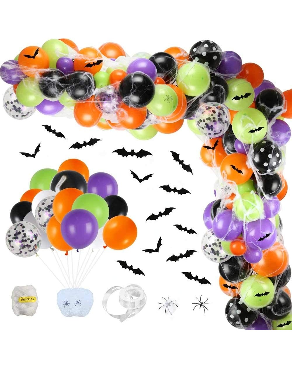 Balloons 155 Pieces Halloween Balloon Garland Arch Kit Include Latex Balloons- Confetti Balloons- Spider Web- 3D Bats for Hal...