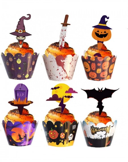 Cake & Cupcake Toppers 48 Sets-Halloween creative party cake dessert paper cup card set- blood pumpkin ghost witch bat holida...