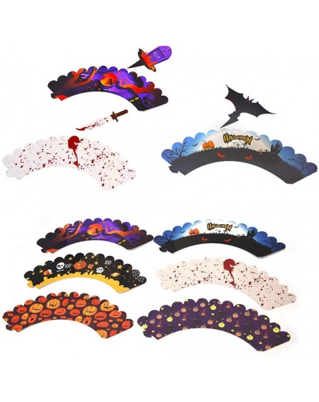 Cake & Cupcake Toppers 48 Sets-Halloween creative party cake dessert paper cup card set- blood pumpkin ghost witch bat holida...